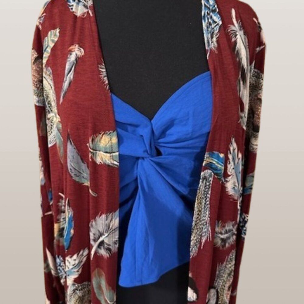 ***** Lovely J Burgundy with Feathers Long Cardigan 4135 2XL NWT Boutique
